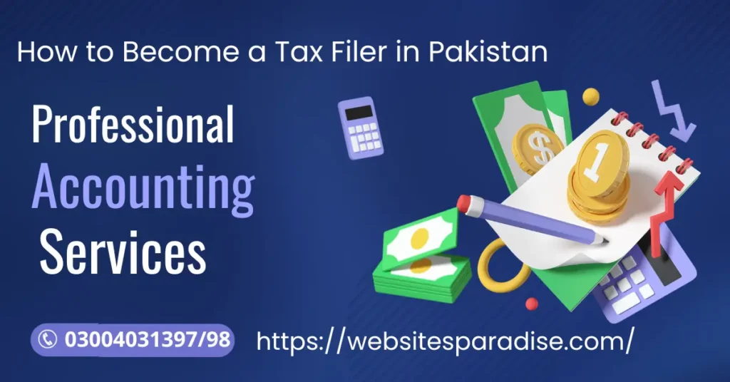 "Image: Steps to become a tax filer in Pakistan outlined with icons and text."