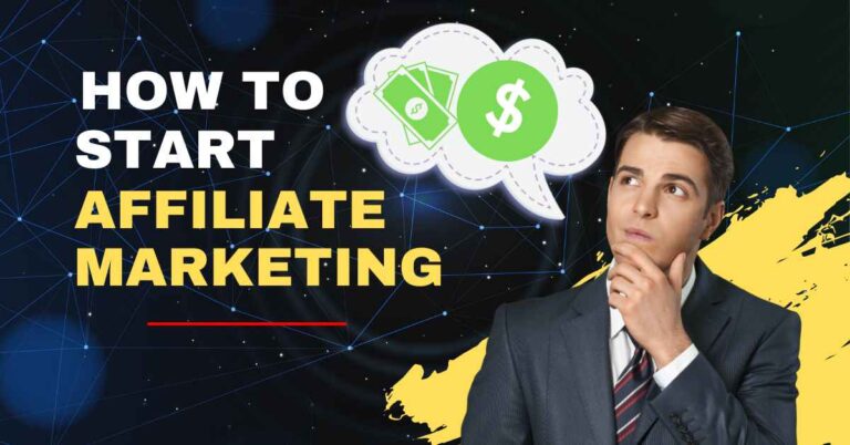 "Guide to launching affiliate marketing with arrows, dollars, and digital icons."