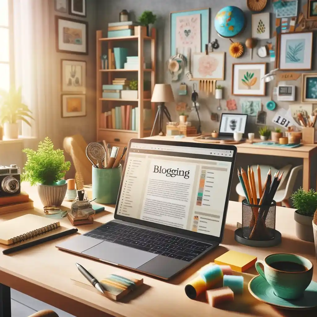 A cozy blogging workspace with a laptop, plant, notebook, and coffee on a desk, books on a shelf.