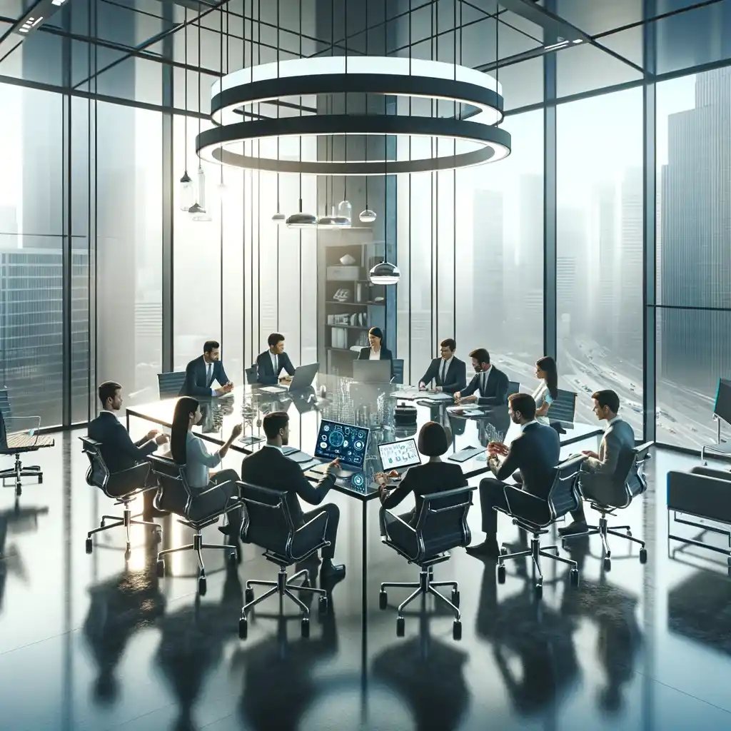 "Team collaborating around table with laptop in office meeting."