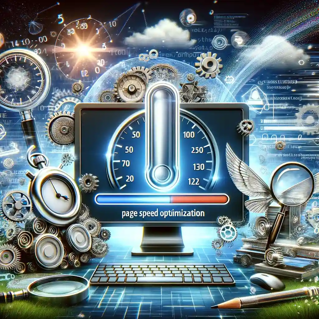 "Modern computer screen with loading bar, surrounded by speed optimization tools and digital patterns."
