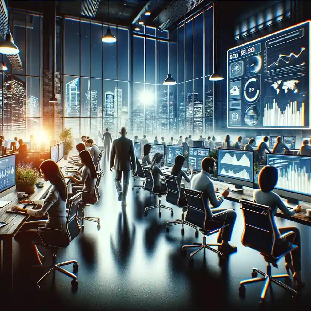 Modern office with SEO experts analyzing data on a screen, emphasizing teamwork and digital marketing.