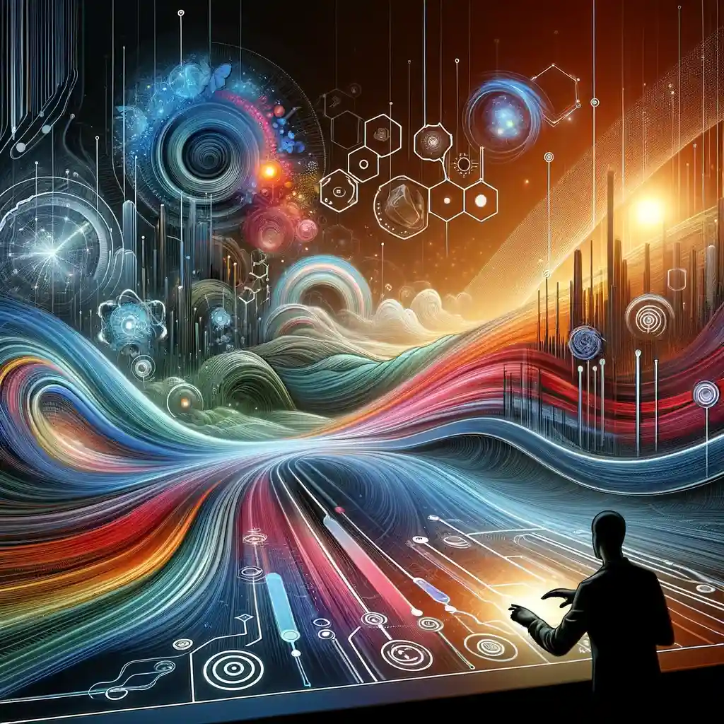 "Digital landscape blending organic, tech elements for intuitive UX, with vibrant, soothing colors."