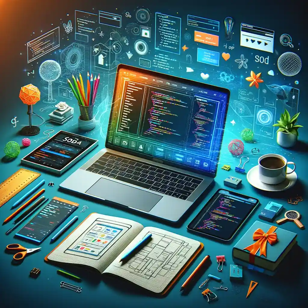 
Modern workspace with laptop displaying web design, surrounded by notepad, tablet, coffee, and coding books.